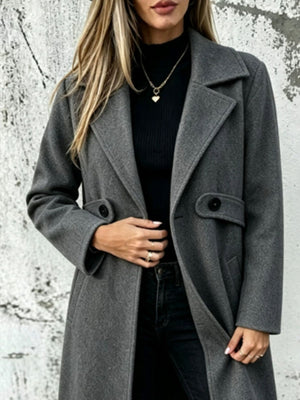 Red overcoat with knee-length and button-front