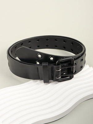 Black vegan leather belt with double row of grommets and double buckle.