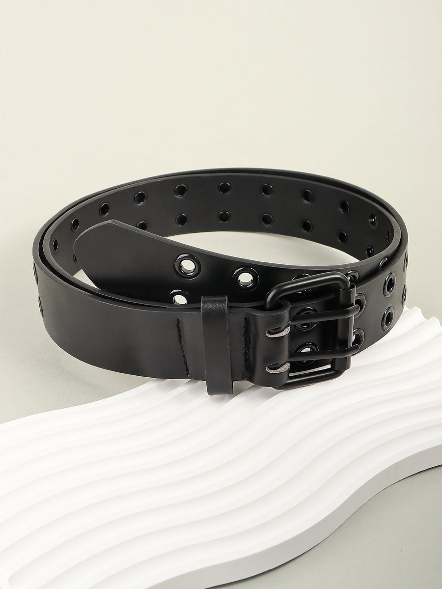 Black vegan leather belt with double row of grommets and double buckle.