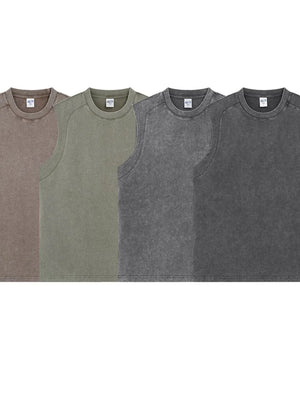 Acid wash relaxed fit tank tops in mocha, sage, dark gray, and black.