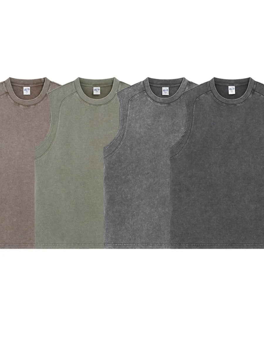Acid wash relaxed fit tank tops in mocha, sage, dark gray, and black.