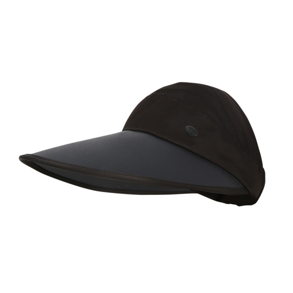 Black wide brim sun visor hat with button detail