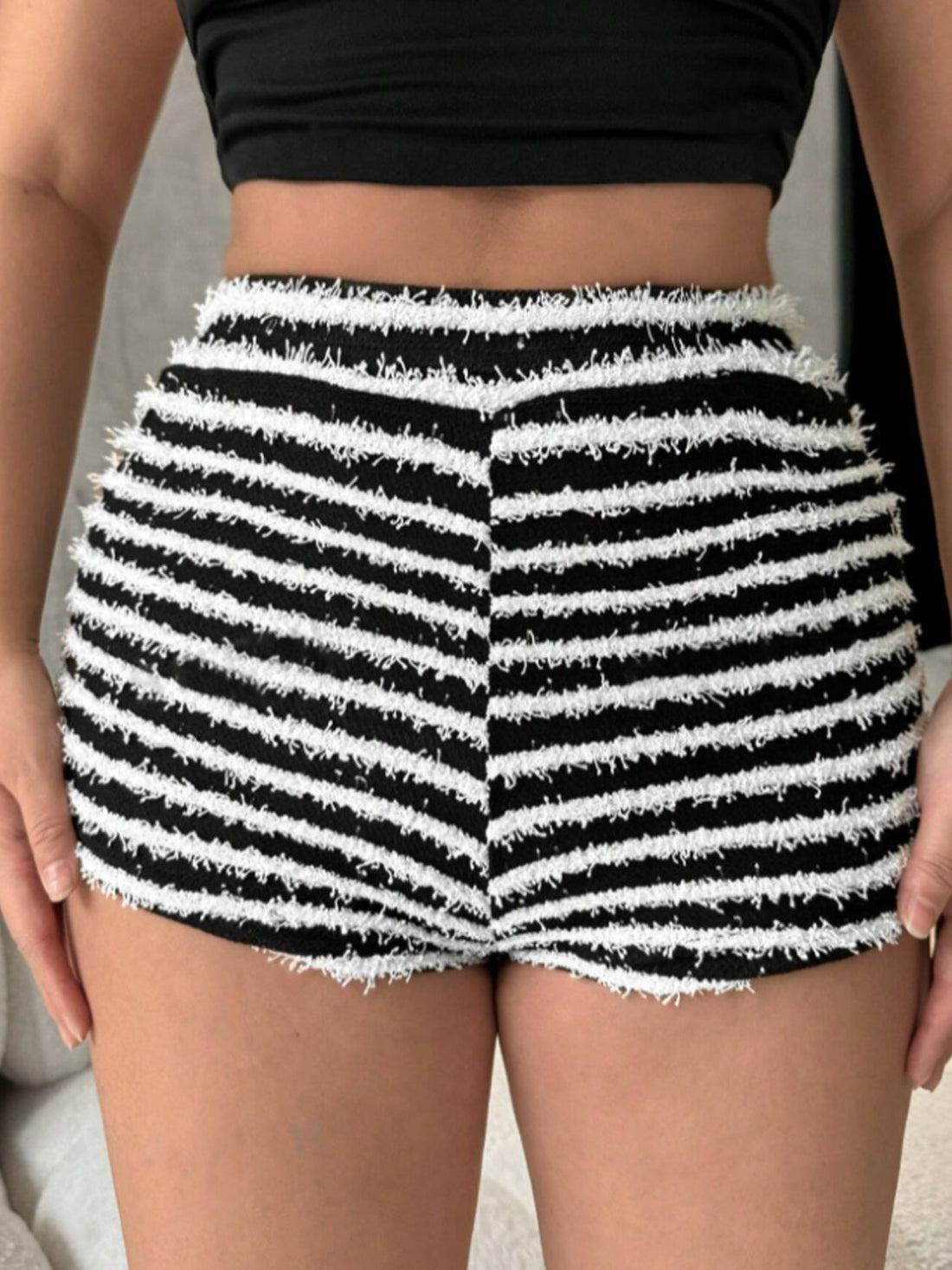 Textured stripe bouclé shorts in black and white with frayed hem