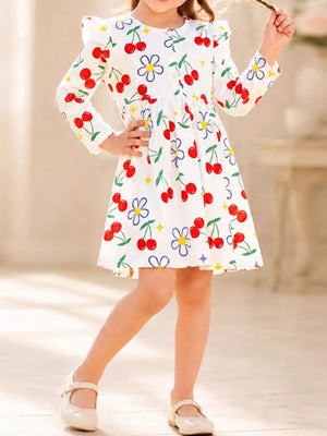 red A-line dress featuring frill and floral