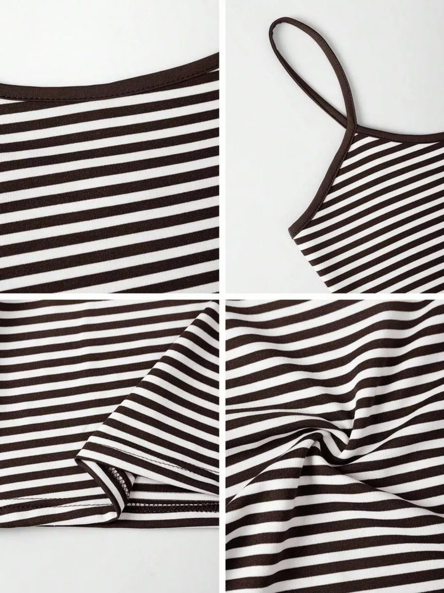 Brown and white striped cami top with dark brown trim and thin straps.