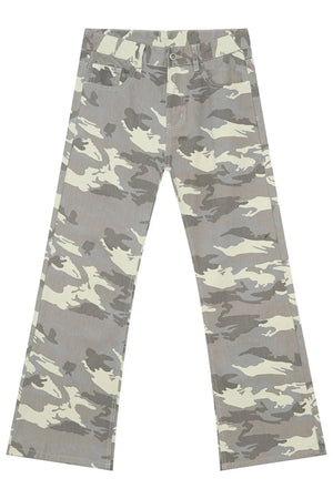 Camo flare jeans in gray with utility pockets and a relaxed fit.