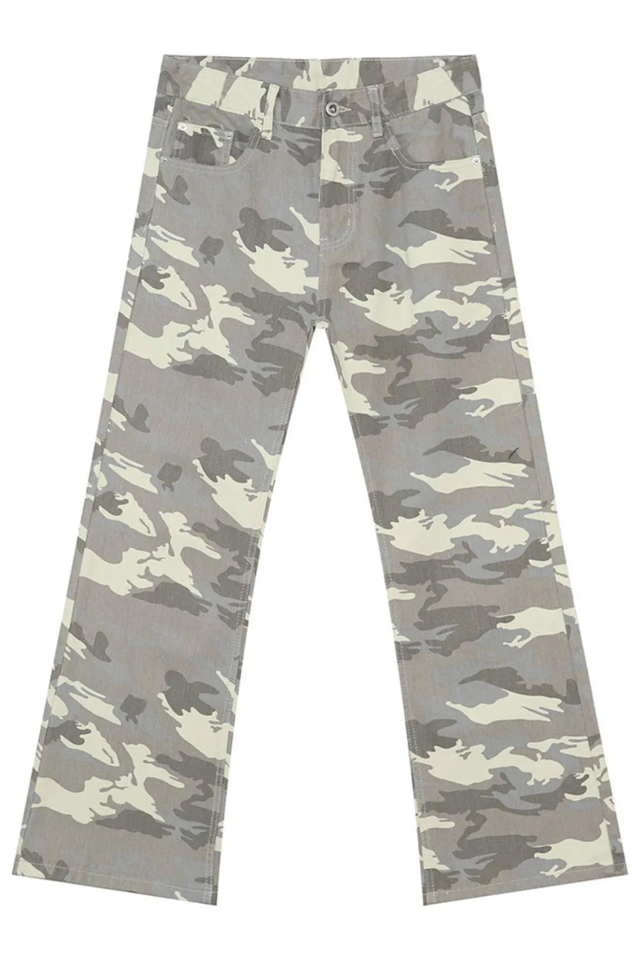 Camo flare jeans in gray with utility pockets and a relaxed fit.