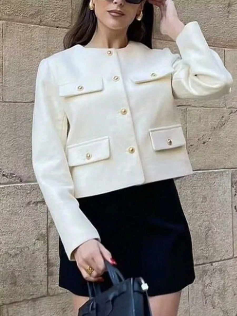 White cropped tweed jacket with gold buttons and four front pockets.