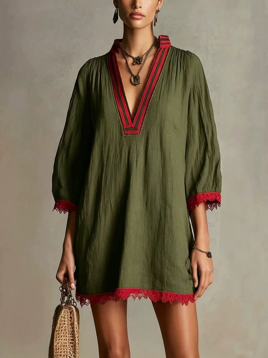mini dress in olive green featuring lace trim and relaxed fit