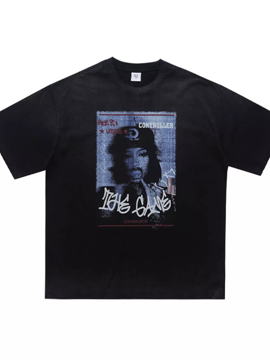 Black graphic tee with portrait and graffiti print
