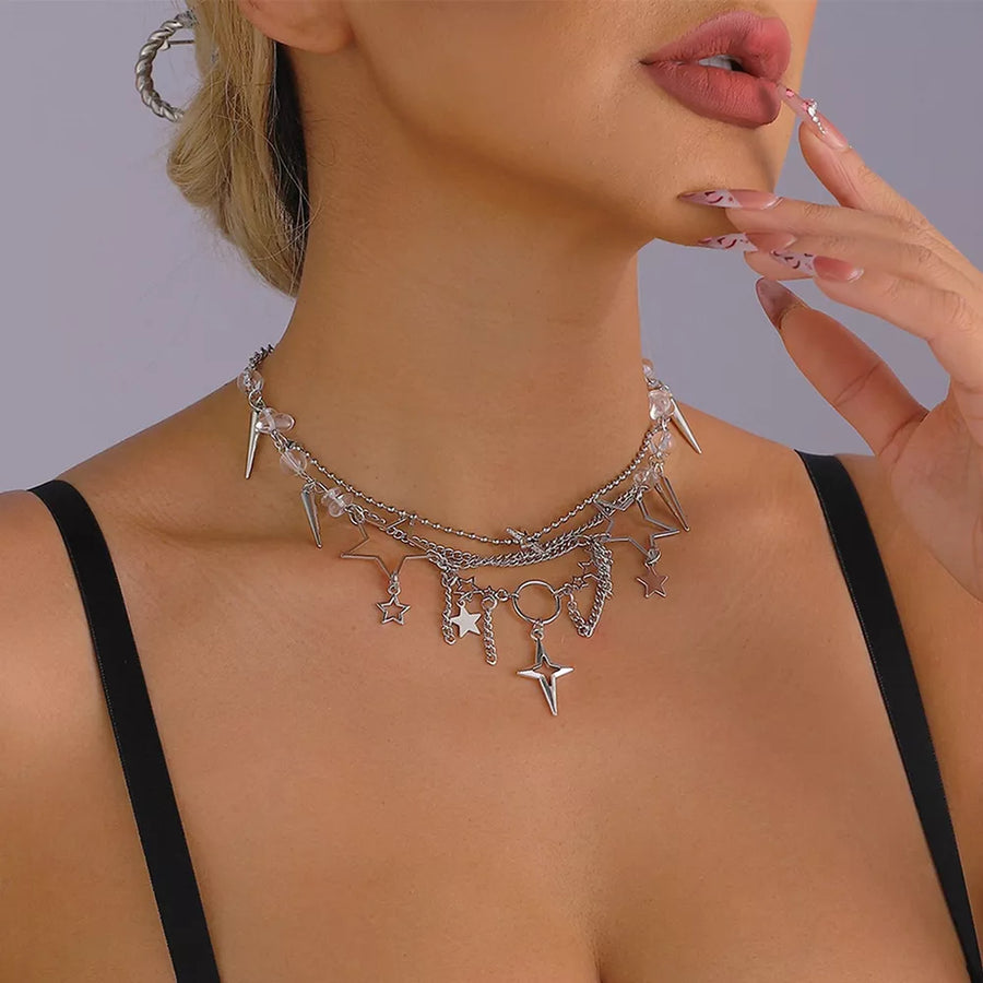 Silver with Titanium Steel Gothic Star Cross Choker Necklace