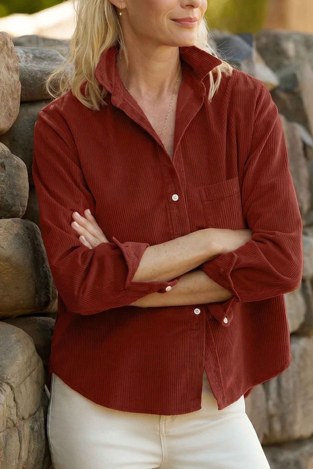 button-up shirt in rust featuring buttoned and relaxed fit