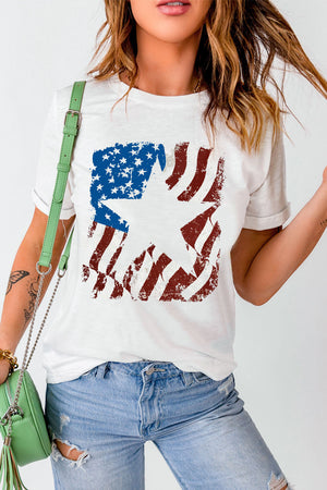 White round neck t-shirt with distressed American flag graphic and star detail.