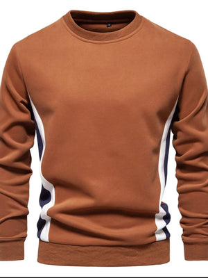 Terracotta crew neck sweatshirt with navy and white side panel detail.
