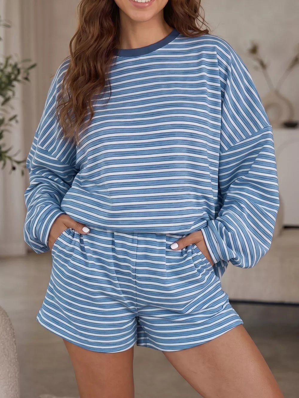 light blue pajama set with striped and crew neck
