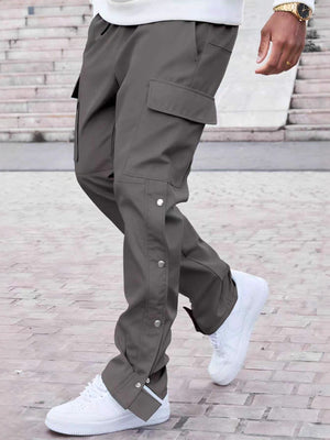 Black cargo pants with full-length and drawstring, snap
