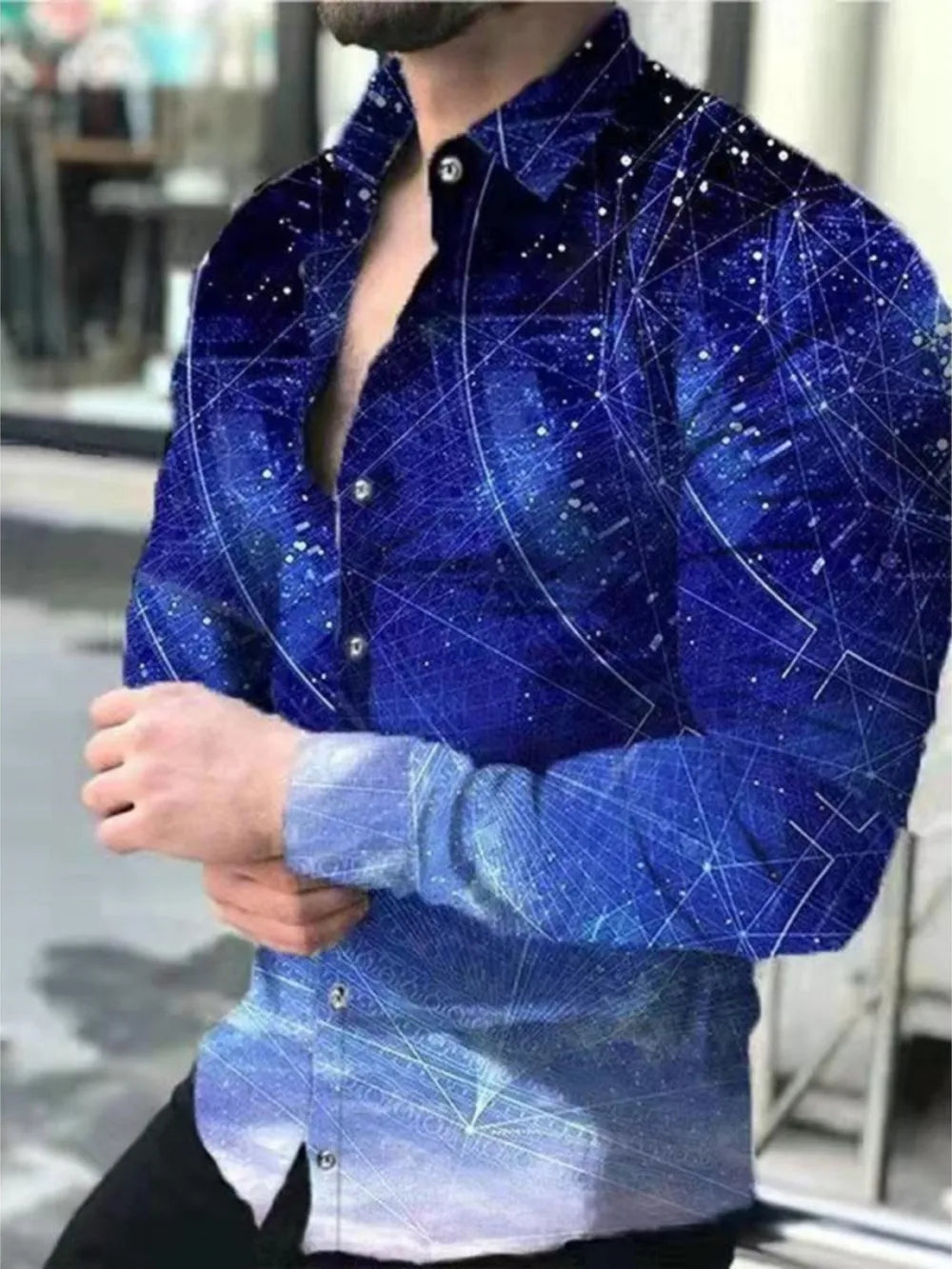 Royal Blue cosmic print stretch button-down shirt with long sleeves.