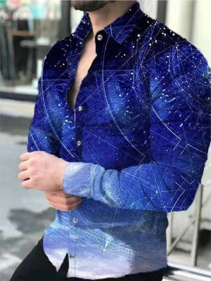 Royal Blue cosmic print stretch button-down shirt with long sleeves.