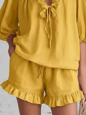 Ruffled V-neck Blouse And Shorts Set in Black with pocketed