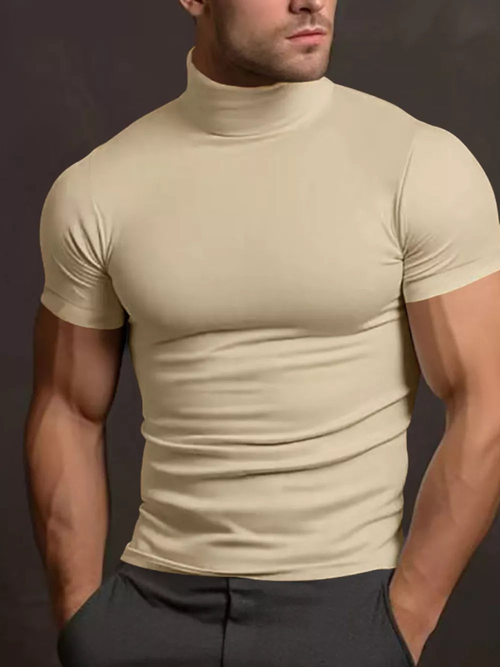 Tan Men's Plus Size Short Sleeve Turtleneck T-shirt