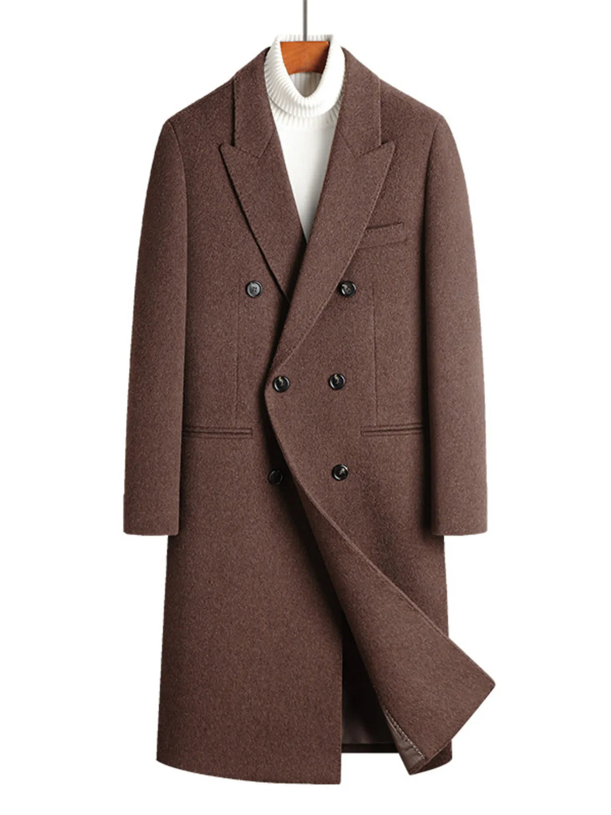 Camel wool blend double-breasted overcoat with notched lapels and button closure.