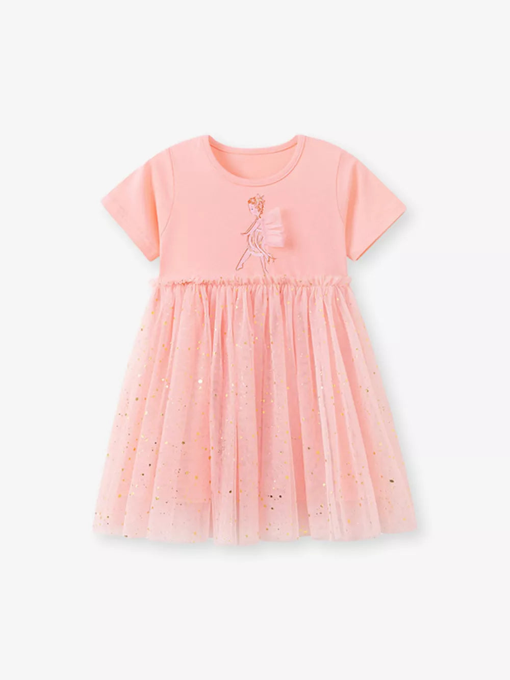 Pink baby tulle dress with fairy embroidery and gold glitter detail.