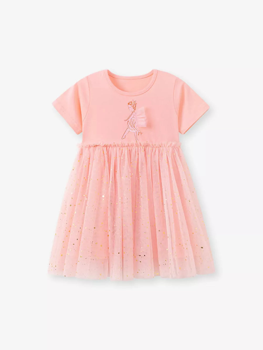 Pink baby tulle dress with fairy embroidery and gold glitter detail.