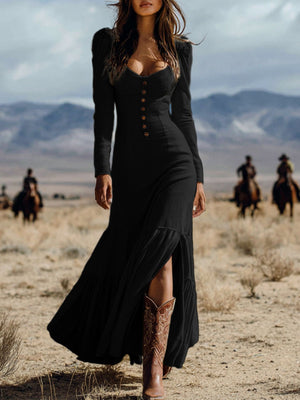 Black long sleeve maxi dress with sweetheart neckline, button detail and high slit