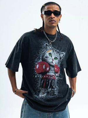 Black oversized cotton blend t-shirt with vintage cat graphic print