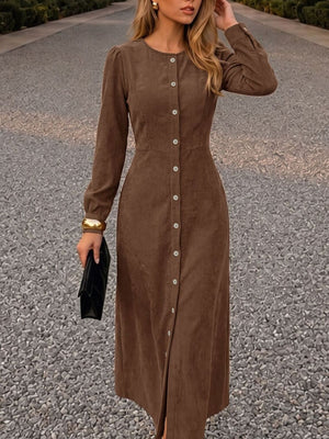 Coffee Brown maxi dress featuring buttoned and ribbed