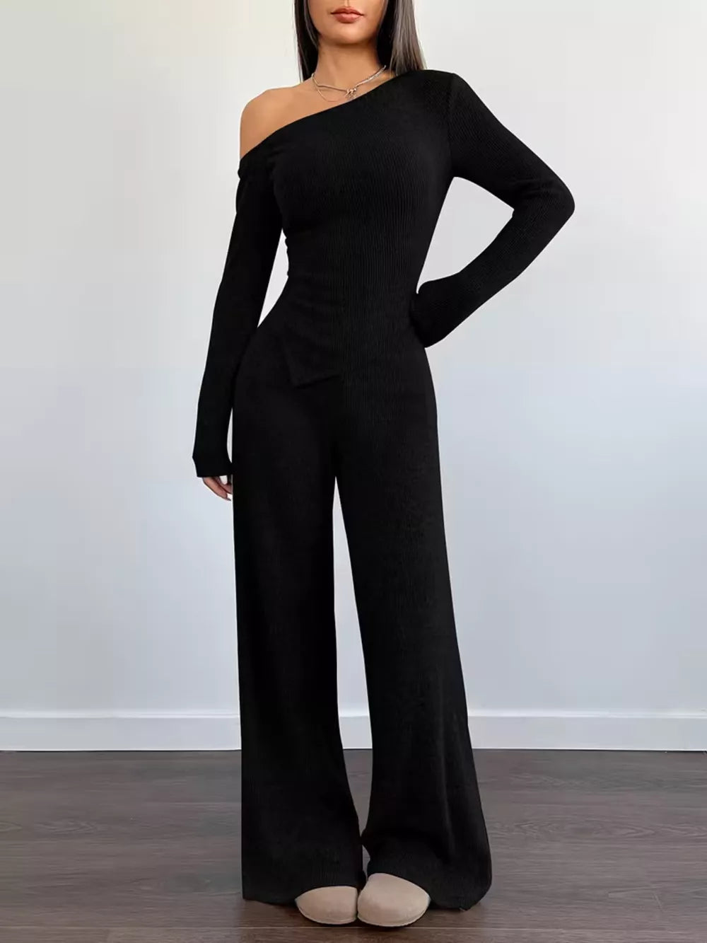 Burgundy Chic One-shoulder Asymmetrical Top & Wide-leg Pants Set