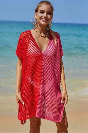 Ombre crochet beach cover-up with V-neck and short sleeves in red and blush pink.