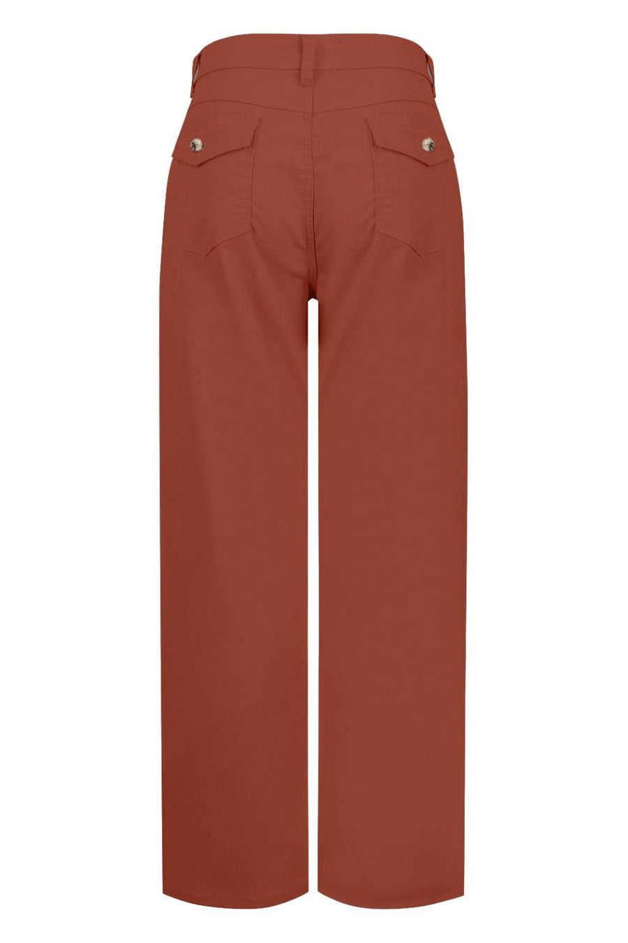 Rust wide-leg utility denim trousers with buttoned back pockets.