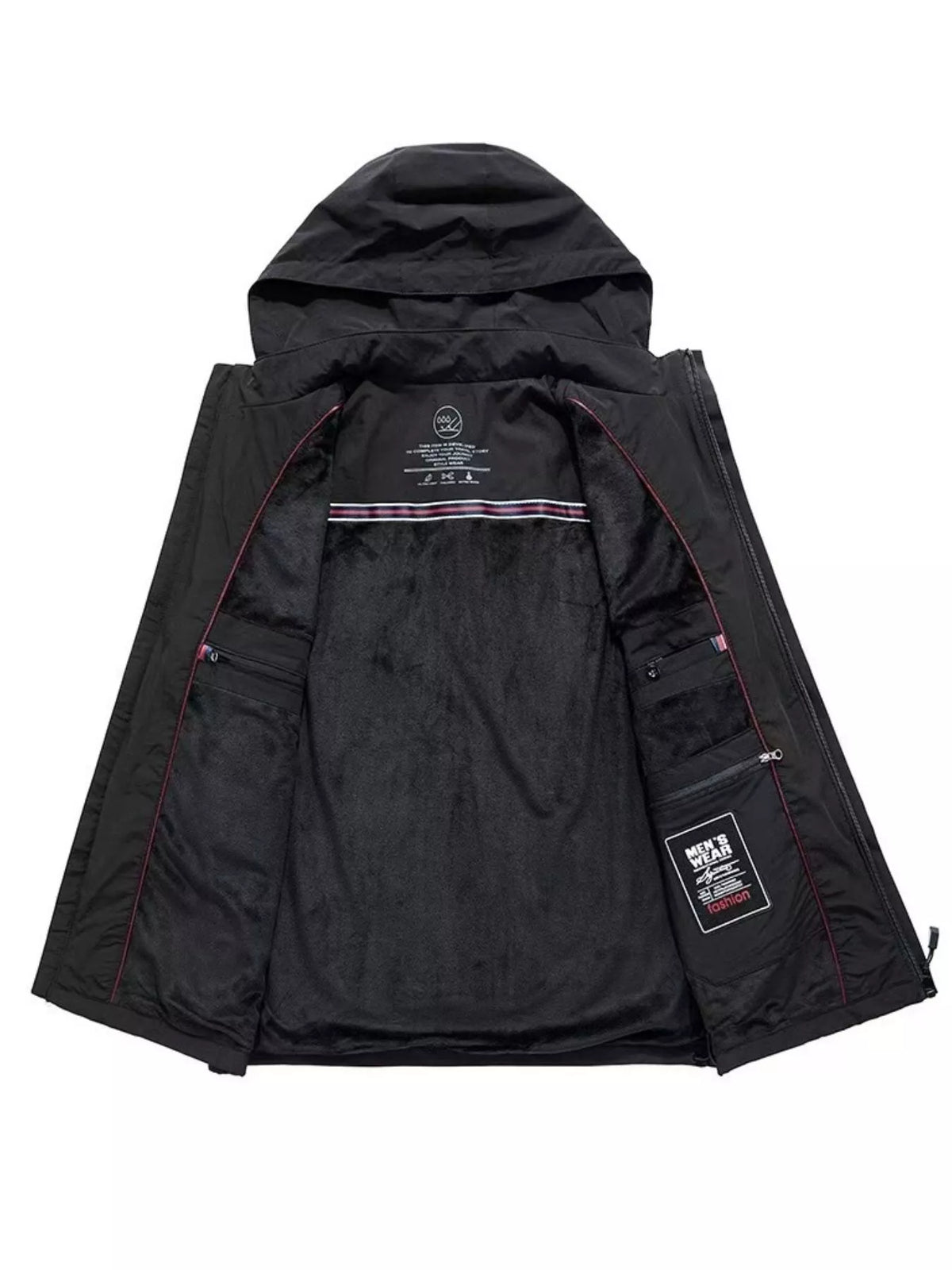 Black hooded zip vest with fleece lining and multiple interior pockets.