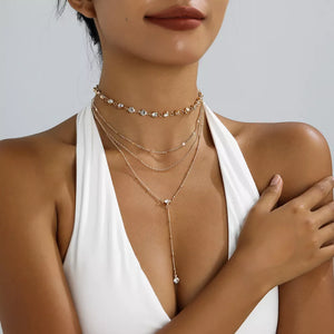 Gold with Multi-layered Rhinestone 18k Gold-plated Choker Necklace