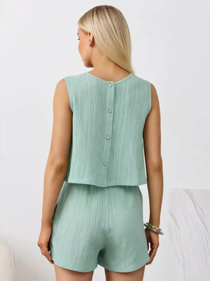 Light green textured cotton tank and shorts set with button back detail