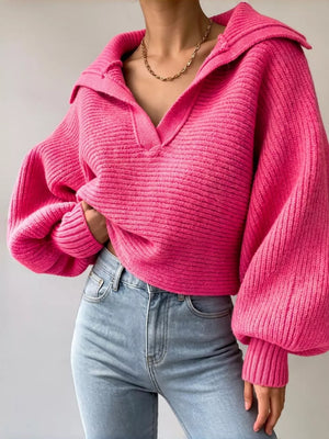 Red Oversized Collar Ribbed Cropped Sweater