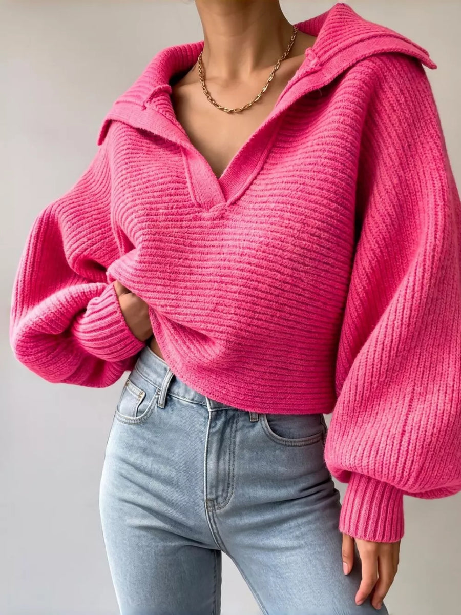 Red Oversized Collar Ribbed Cropped Sweater
