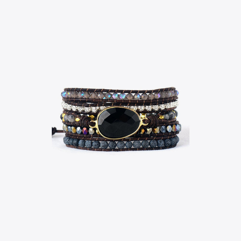 Black wrap bracelet with gemstone and beads, boho style