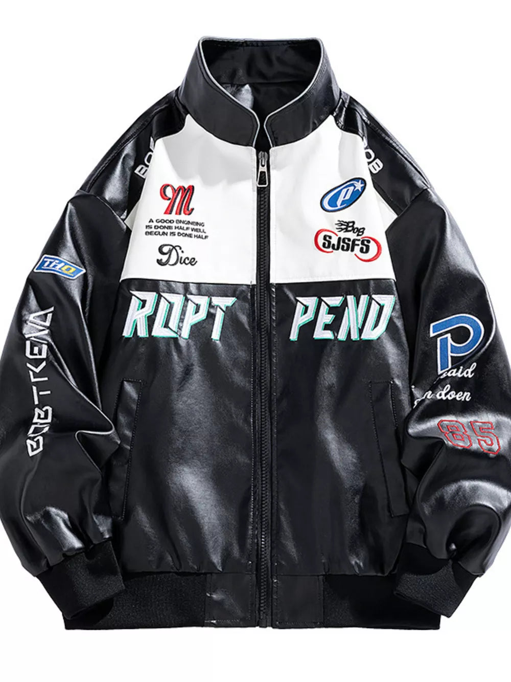 Black and white racing jacket with embroidered patches and lettering.