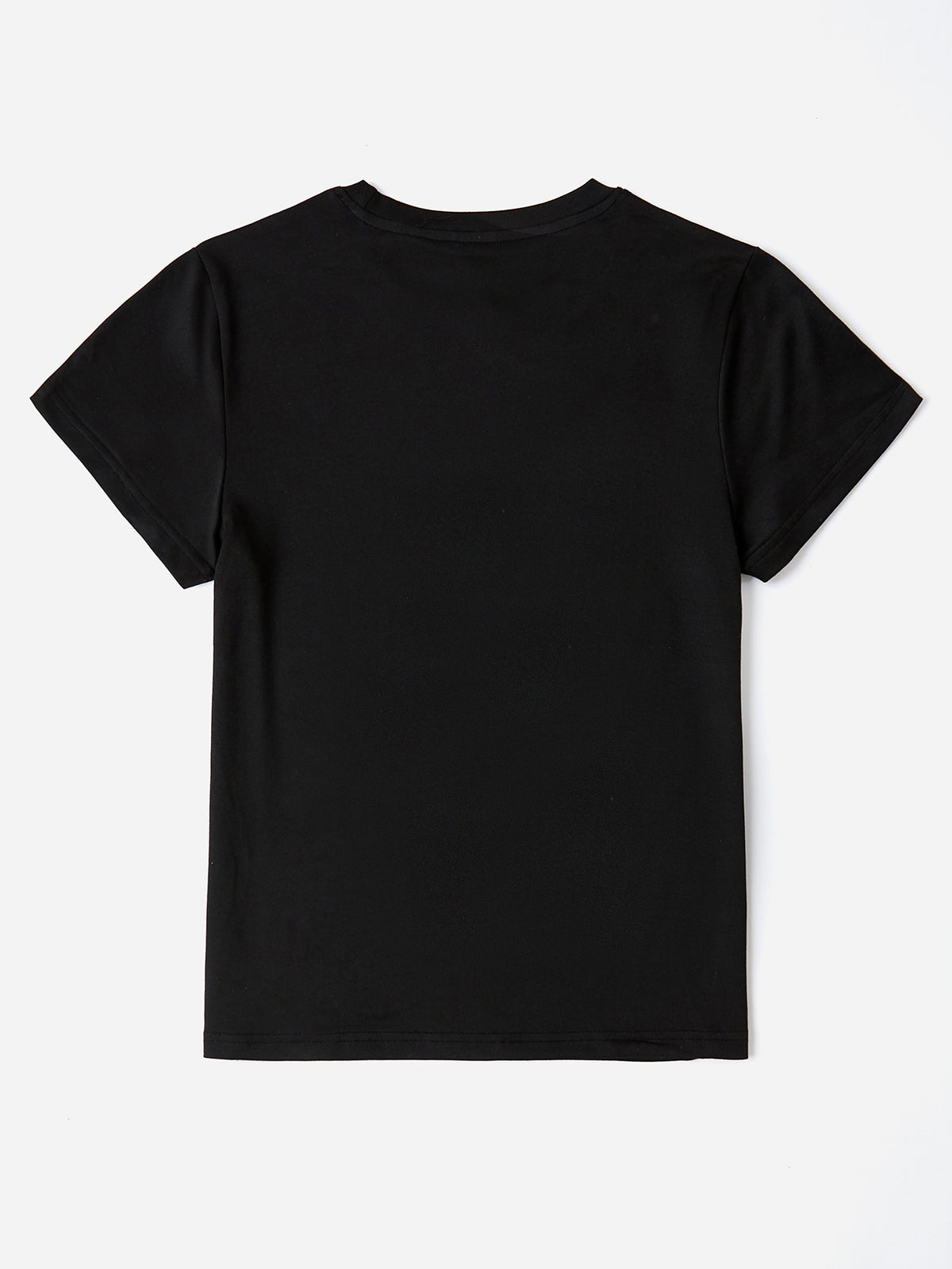 Black crewneck t-shirt with short sleeves.