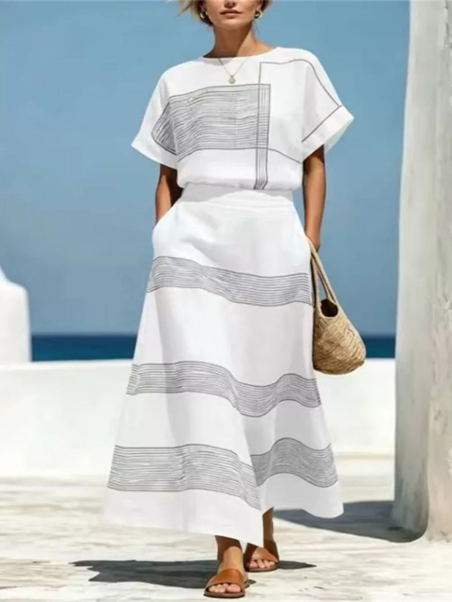 Full Size Striped Round Neck Top And Skirt Set in Sky Blue