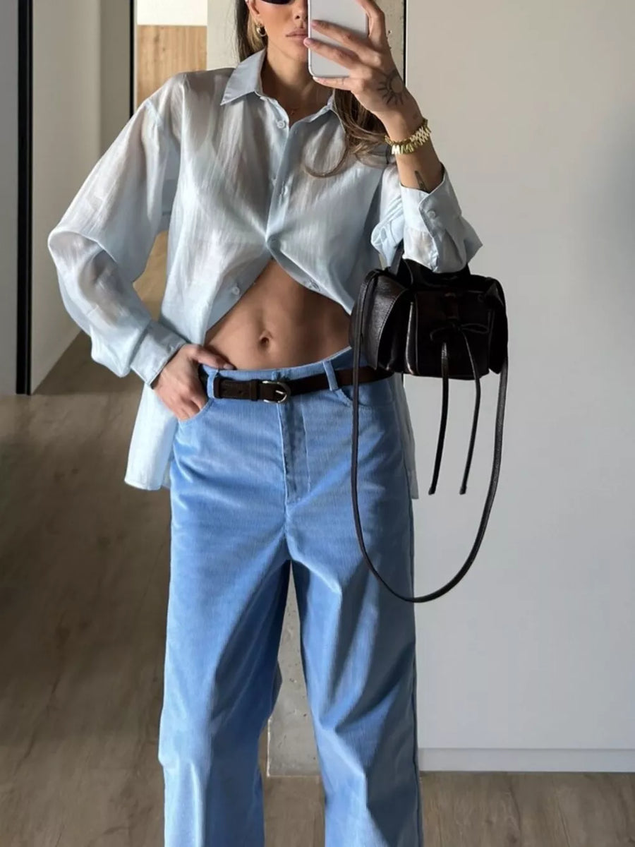 Sheer Oversized Button-up Shirt in Light Blue with sheer