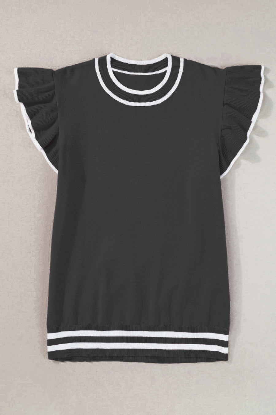 Black knit top with ruffled sleeves, contrast trim neckline and hem