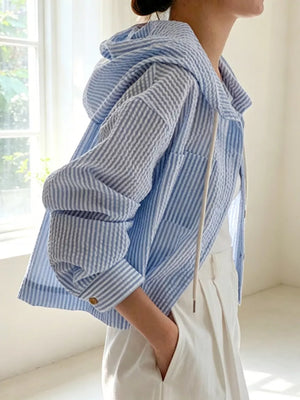 Striped Hooded Shirt With Drawstring in White
