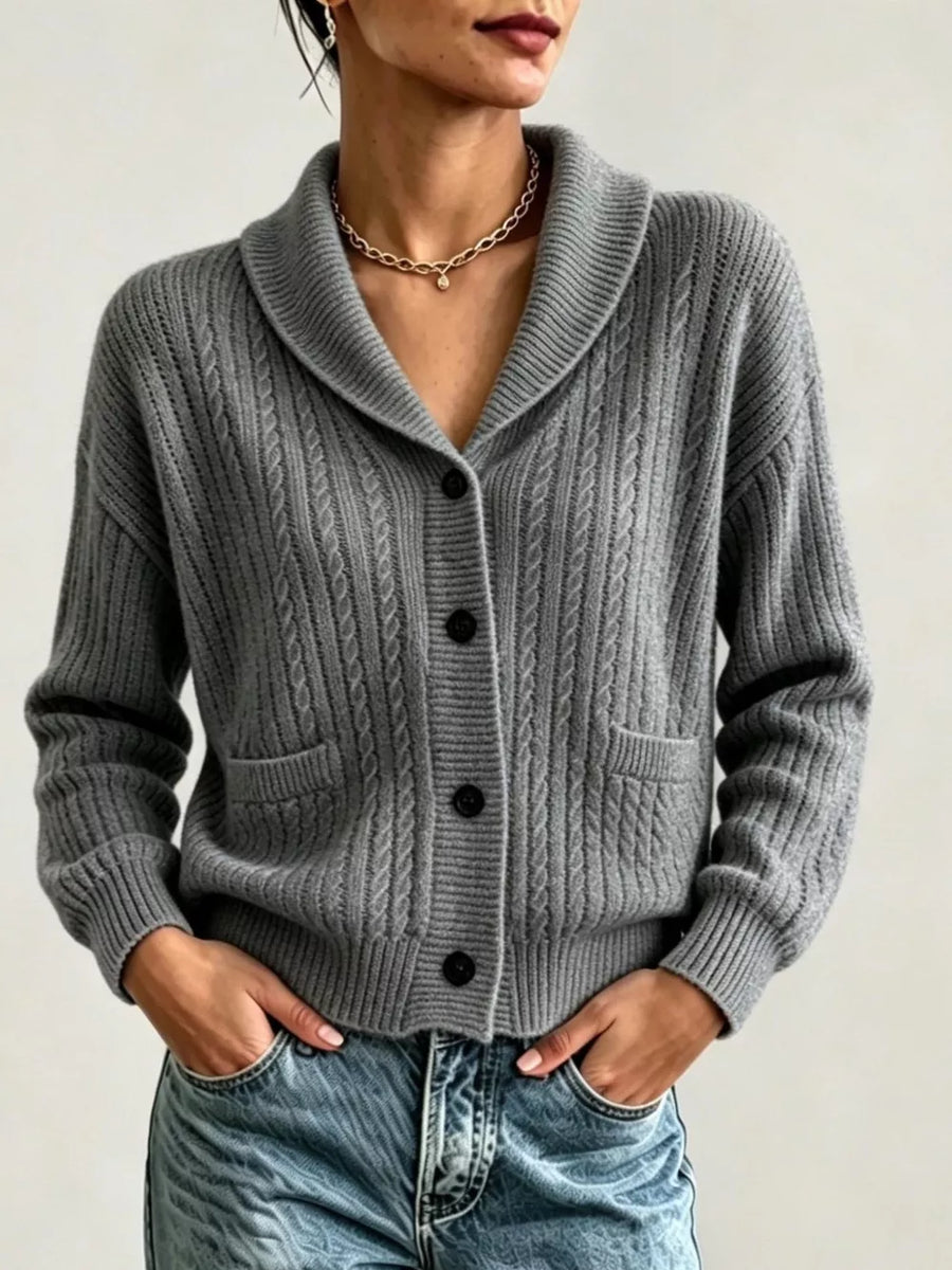 Full Size Shawl Collar Cable Knit Cardigan in White