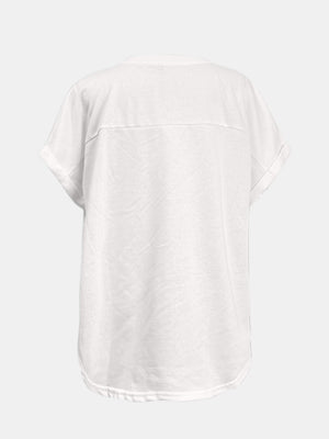 White t-shirt with rolled sleeves and a seam across the back yoke.