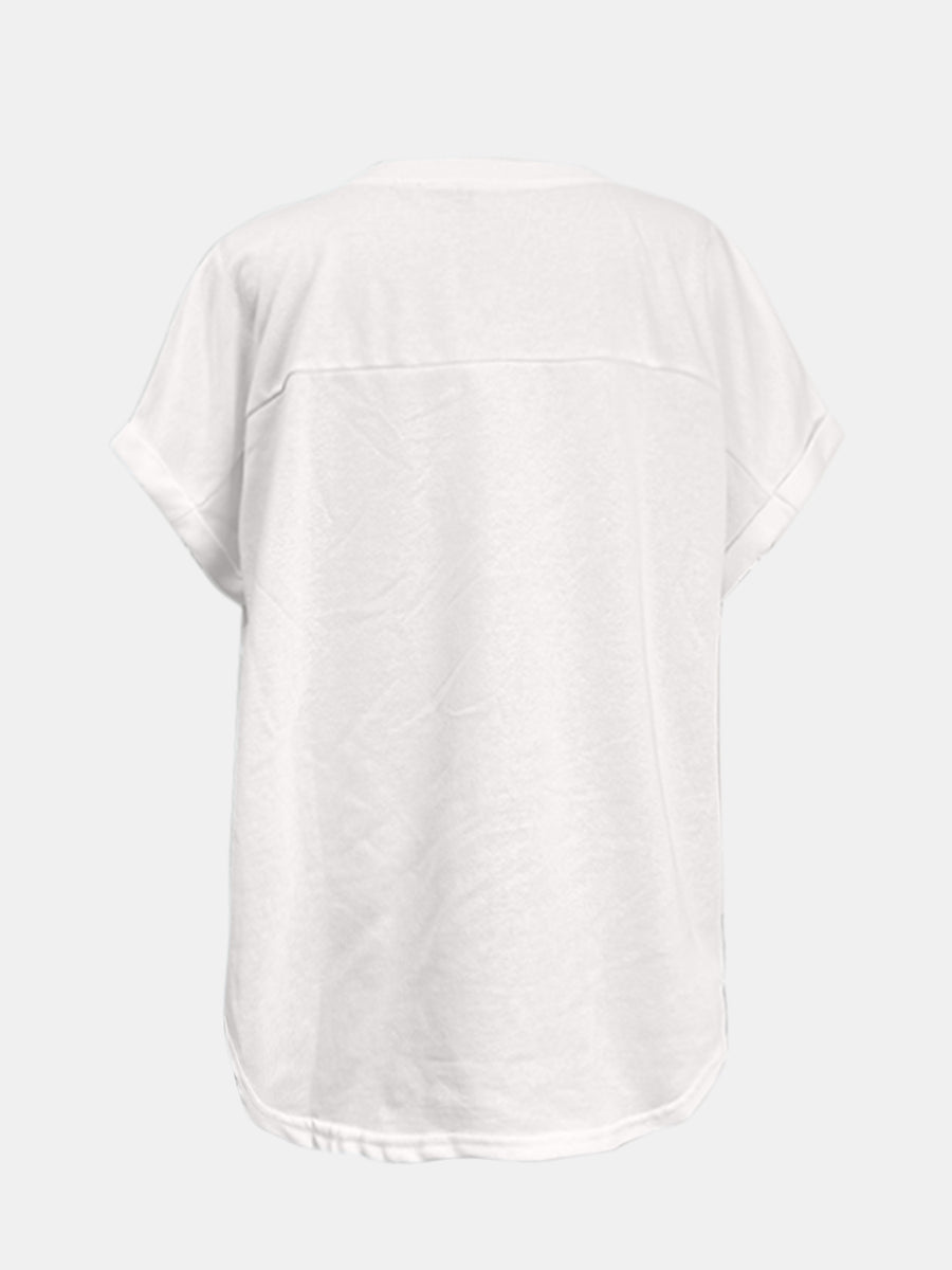 White t-shirt with rolled sleeves and a seam across the back yoke.
