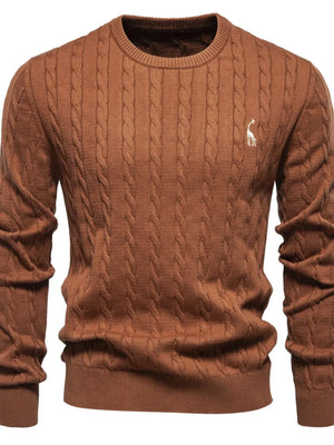 Caramel cable knit crewneck sweater with embroidered giraffe detail