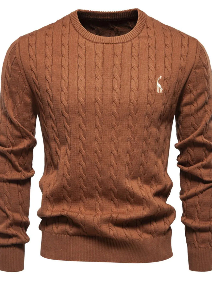 Caramel cable knit crewneck sweater with embroidered giraffe detail